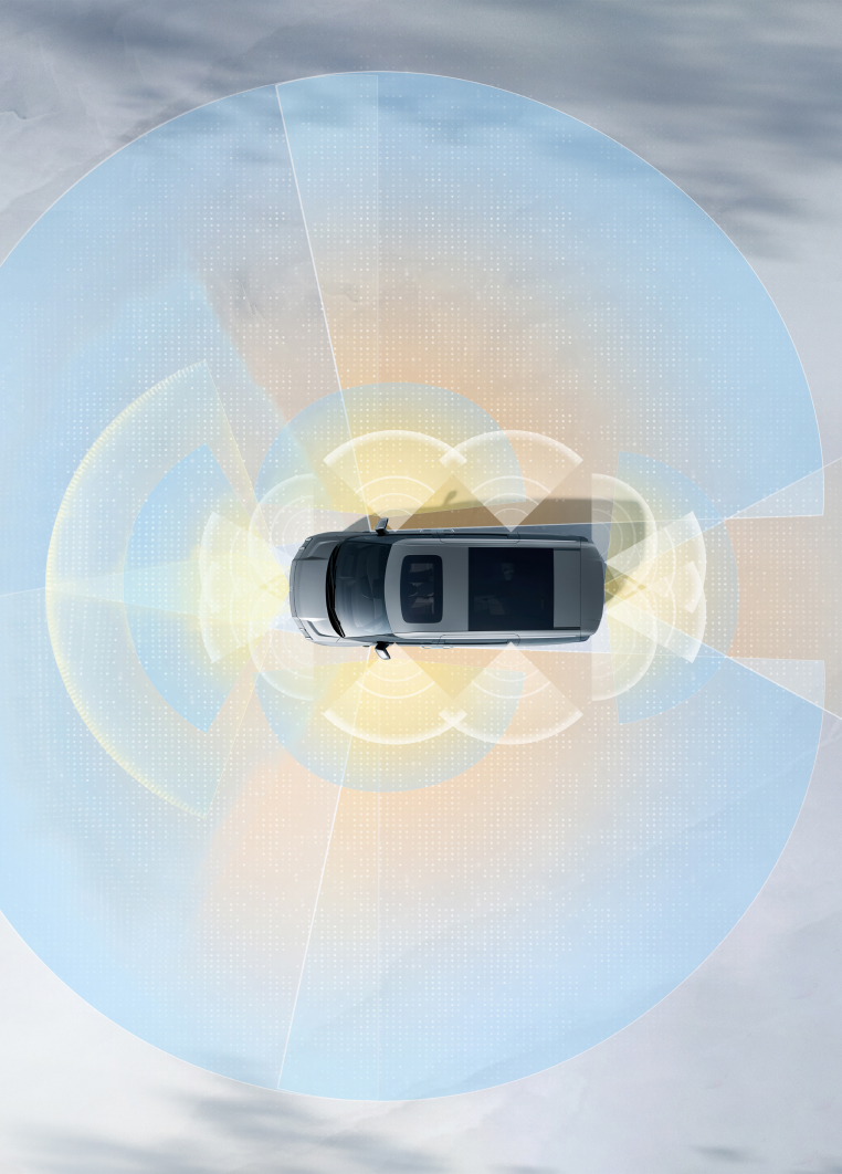 Top-down view of the Zeekr 009 showcasing its advanced radar safety system with 12 ultrasonic sensors, 5 radar devices, and multiple cameras providing 360-degree protection for enhanced safety and precise driving assistance.