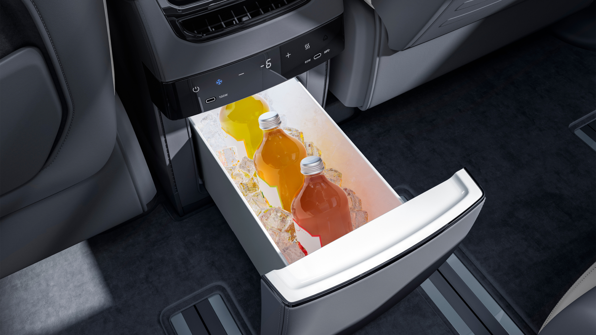 Close-up of the Zeekr 009’s built-in constant-temperature fridge, storing beverages on ice, with precision temperature controls for added convenience and luxury.