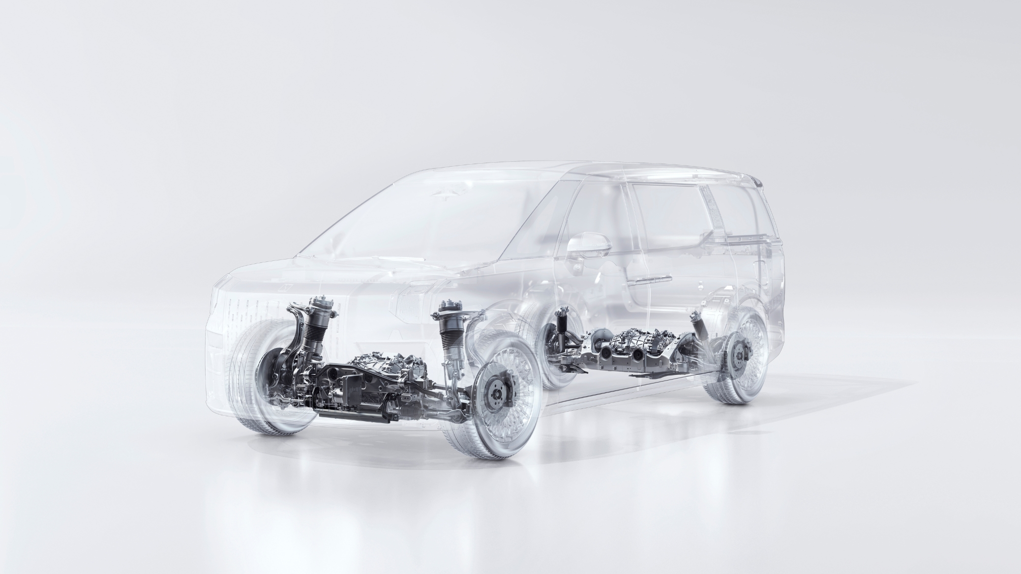 Transparent view of the Zeekr 009 showcasing the advanced dual-chamber air suspension system for enhanced comfort and stability.