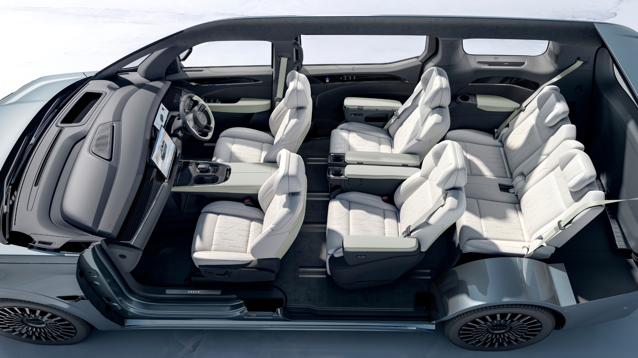 Top-down view of the Zeekr 009’s 6-seat interior, showcasing a 2+2+2 layout with Sofaro First-Class seats and premium materials.