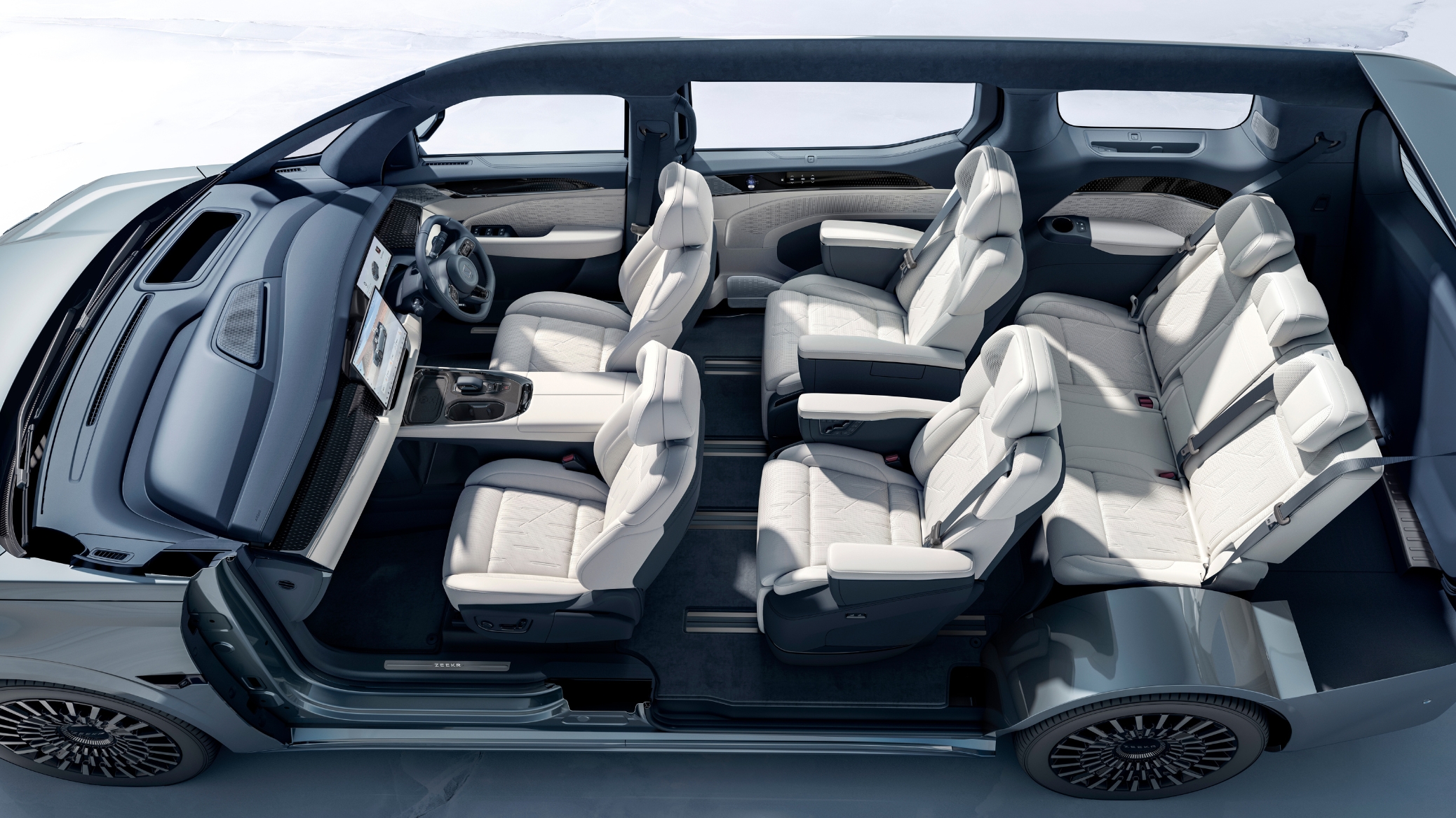 Top-down view of the Zeekr 009’s 7-seat interior, featuring a 2+2+3 layout with luxurious Nappa leather seats and advanced design elements.
