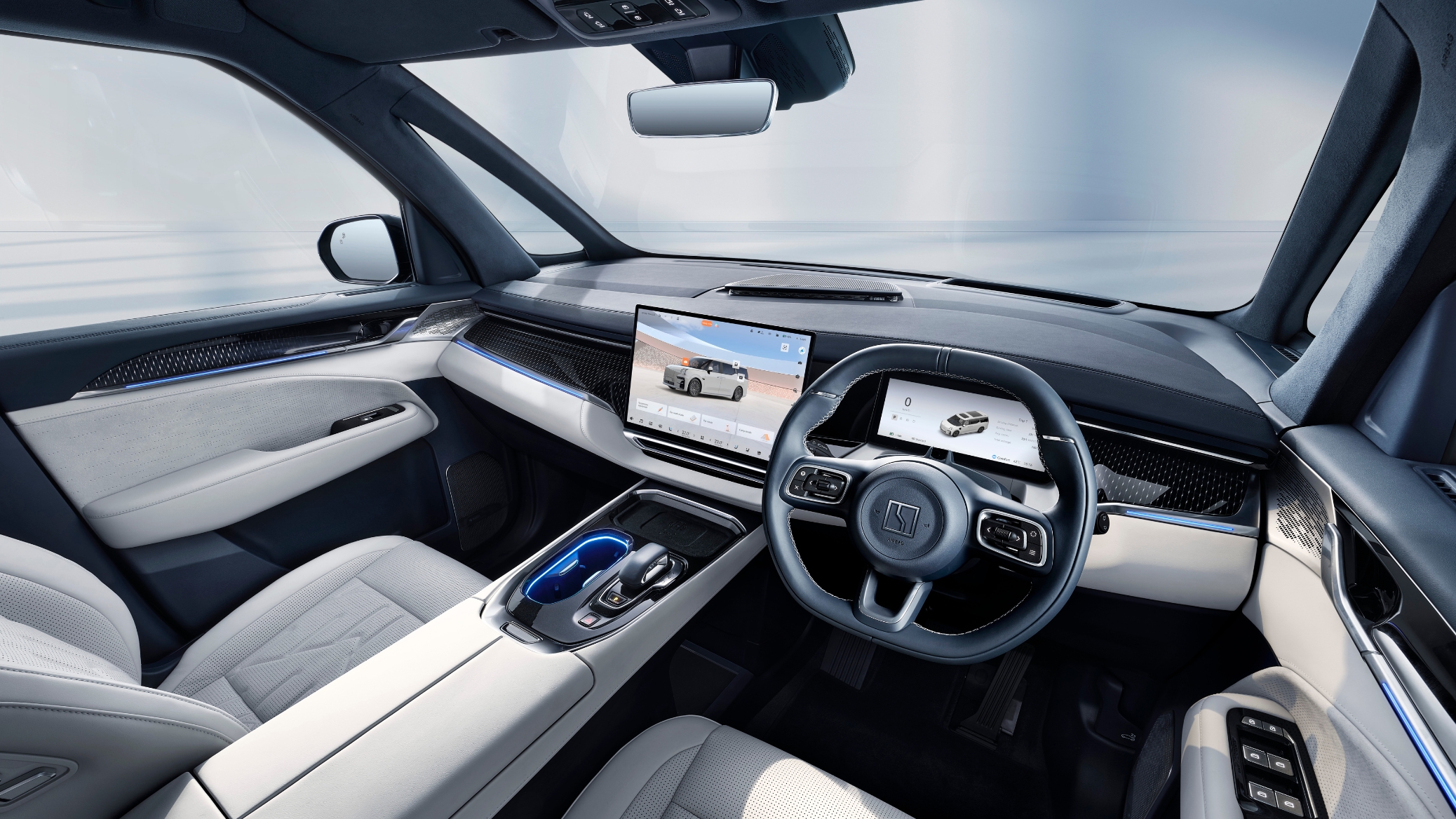 The Zeekr 009’s luxurious interior featuring a modern dashboard, dual OLED screens, and premium seating in a spacious cabin.